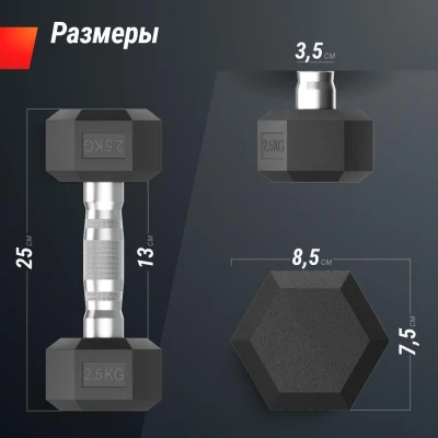 Гантель гексагональная UNIX Fit обрезиненная 2,5 кг, 2 шт.