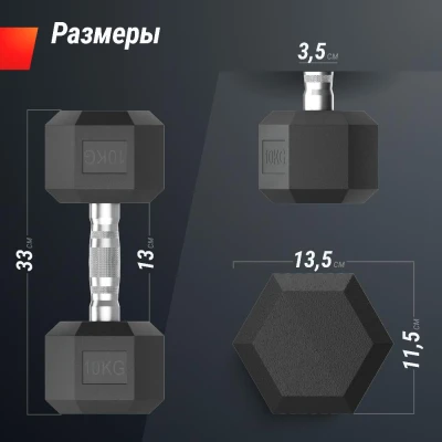Гантель гексагональная UNIX Fit обрезиненная 10 кг, 2 шт.