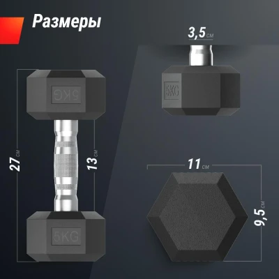 Гантель гексагональная UNIX Fit обрезиненная 5 кг, 2 шт.