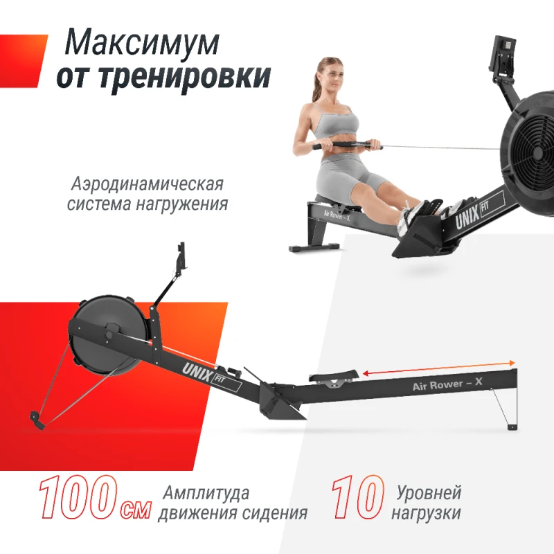 Гребной тренажер UNIX Fit Air Rower-X с аэродинамической нагрузкой, черный — купить в Туле в магазине тренажеров